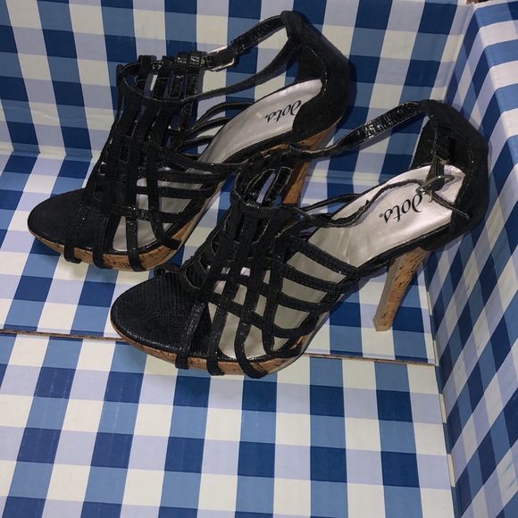 Black Shimmer Net Wood Heels - Picture 13 of 17